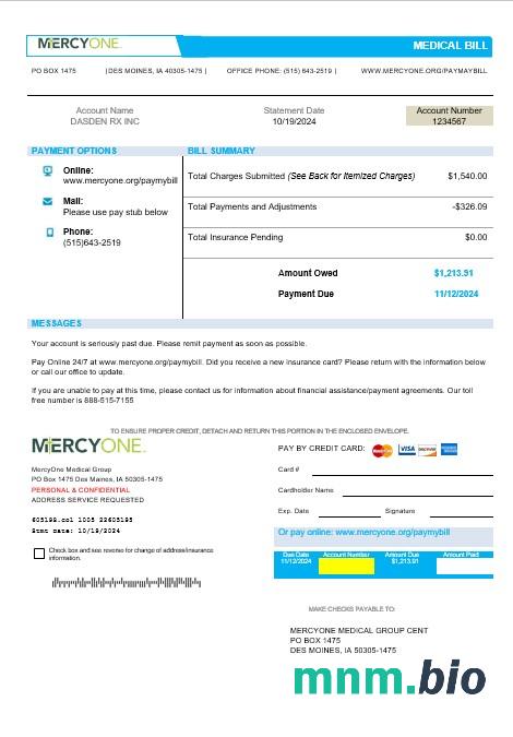 USA Iowa MercyOne medical rachunek za usługi komunalne szablon w formacie Word i PDF